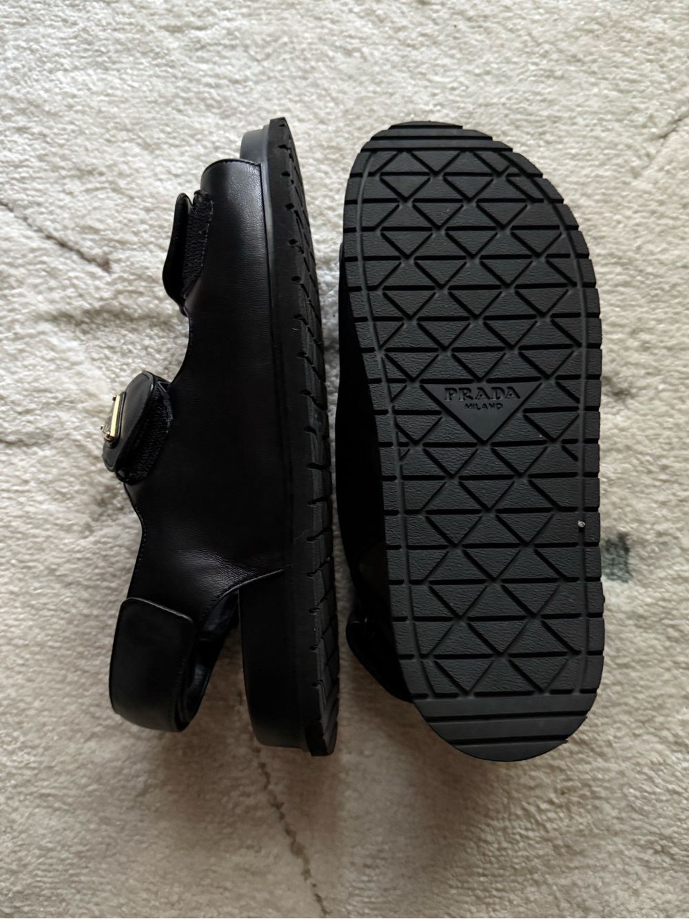 Prada Women’s Black Leather Dual-Strap Sandals with Gold Logo - Picture 7 of 8
